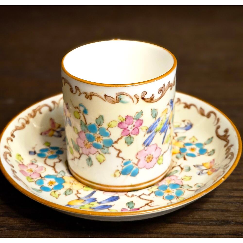 Crown Staffordshire Porcelain Flat Demitasse Cup Saucer Set England Hand Painted